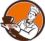 Illustration of a chef cook holding bowl serving set inside circle on isolated background done in retro style.