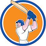 Illustration of a cricket player batsman with bat batting set inside circle on isolated background done in cartoon style.