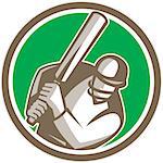 Illustration of a cricket player batsman with bat batting facing front set inside circle done in retro style on isolated background.