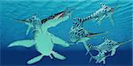 A pod of Eurhinosaurus marine reptiles try to evade the much larger Liopleurodon in Jurassic seas.
