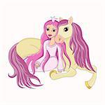 Beautiful princess and her lovely faithful horse the best friends sit on the earth. Vector illustration for children