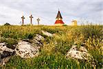 Small Church, Chapel and Jesus Christ Cross on the Hill at Sunset on Calvary, Nitra, Slovakia