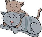 Cartoon Illustration of Happy Cat Mother with Little Kitten