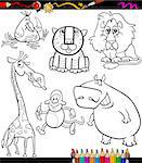 Coloring Book or Page Cartoon Illustration of Black and White Funny Wild Animals Set