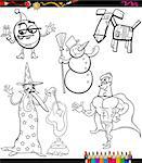 Coloring Book or Page Cartoon Illustration of Black and White Fantasy Characters Set