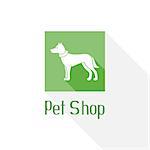 Flat pet shop logo with dog and hand drawn text, doggy sign for pet salon or store icon, vector illustration