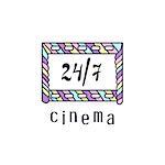 Cinema logo, movie theater sign, 24 hours a day and 7 days a week, film strip template and hand drawn text, vector illustration