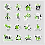 Collect Environment Icons Sticker Set with Tree, Leaf, Light Bulb, Recycling Symbol. Vector in two colours.