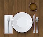 An illustration of a plate, silverware, and cup of coffee sitting on a wooden background. Vector EPS 10 available. EPS file contains transparencies.