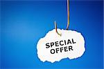 Special Offer hanging on a fishing hook over blue background.