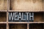 The word "WEALTH" written in vintage metal letterpress type in a wooden drawer with dividers.
