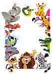 Funny group of Jungle animals. Cartoon vector illustration iwith frame in A4 size, for birthdays and events.