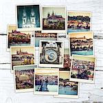 collage of sights and beautiful views of Prague  on wooden table