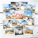 collage windmills of don quixote in cervantes consuegra castile-la mancha  spain  europe on wooden table