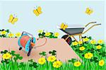 A garden hose and wheelbarrow, green grass, yellow flowers and butterflies.