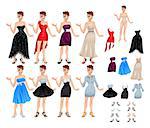 Female avatar with dresses and shoes. Vector illustration, isolated objects. 8 different dresses and 8 shoes.