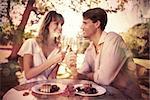 Cute happy couple sitting outside toasting with champagne with dessert on a sunny day