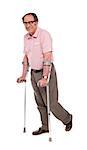Smiling elderly man with crutches over white background