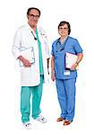 Senior male doctor posing with female nurse. Full length shot
