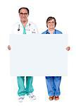 Experienced medical professionals showing blank billboard. Full length portrait