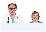 Closeup photo of smiling senior specialists with blank banner ad isolated on white background