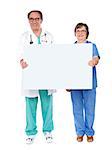 Aged doctors together displaying white billboard. Full length shot