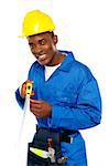 Portrait of african repairman with measuring tape isolated over white