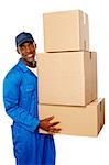 Young delivery guy holding stack of parcel boxes isolated against white