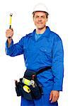 Male architect team guy holding hammer with tool box wrapped around his waist