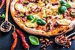 tasty pizza on a black background with spices and herbs