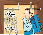 Cartoon Humor Concept Illustration of Skeletons in the Closet Saying or Proverb