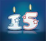 Birthday candle number 15 with flame - eps 10 vector illustration