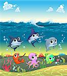 Funny marine animals on the ocean floor. Cartoon vector illustration