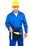 Smart smiling repairman with tools pouch tied to his waist holding measuring tape