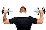 Back pose of male bodybuilder lifting weights isolated over white background