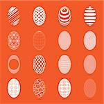Illustration of sixteen easter eggs on a orange background