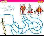 Cartoon Illustration of Education Path or Maze Game for Preschool Children with Knights and Sword