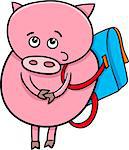 Cartoon Illustration of Funny Pig Animal Character Going to School with Satchel