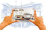 Female Hands Framing Custom Kitchen Design Drawing and Photo Combination.