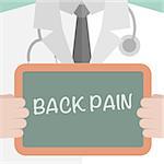 minimalistic illustration of a doctor holding a blackboard with Back Pain text, eps10 vector