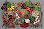 Herb and spice ingredients on a grey wooden background.