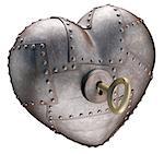 Metal heart being opened by a key. Clipping path included.