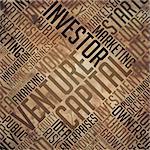 Venture Capital - Grunge Printed Word Collage in Brown Colors on Old Fulvous Paper.