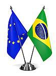 European Union and Brazil - Miniature Flags Isolated on White Background.