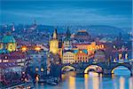 Image of Prague, capital city of Czech Republic and Charles Bridge, during twilight blue hour.