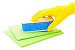 Cleaning. Hand with yellow rubber glove and blue sponge isolated on white background.