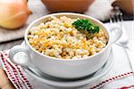 Barley porridge with carrot and onion in a bowl