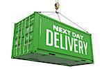 Next Day Delivery - Green Cargo Container hoisted by hook, Isolated on White Background.