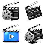 Cinema, Movie, Film and Video Media Industry Concept. Clapboards with Film Reels on White Background.
