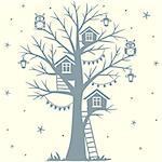 silhouette fairytale tree with houses and with cartoon funny owls